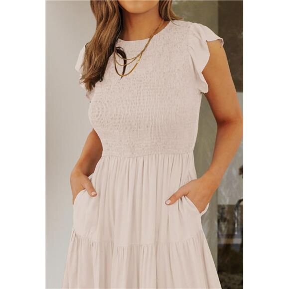 Women's Apricot Summer Casual Flutter Short Sleeve Crew Neck Smocked Maxi Dress - Picture 4 of 6